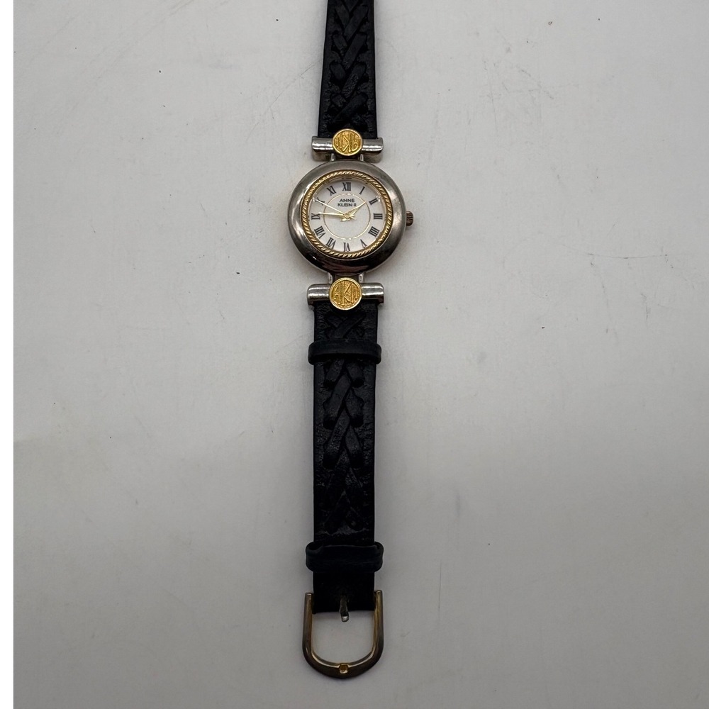 Anne Klein II Womens 2 Tone Round Face Black Braided Leather Band Watch